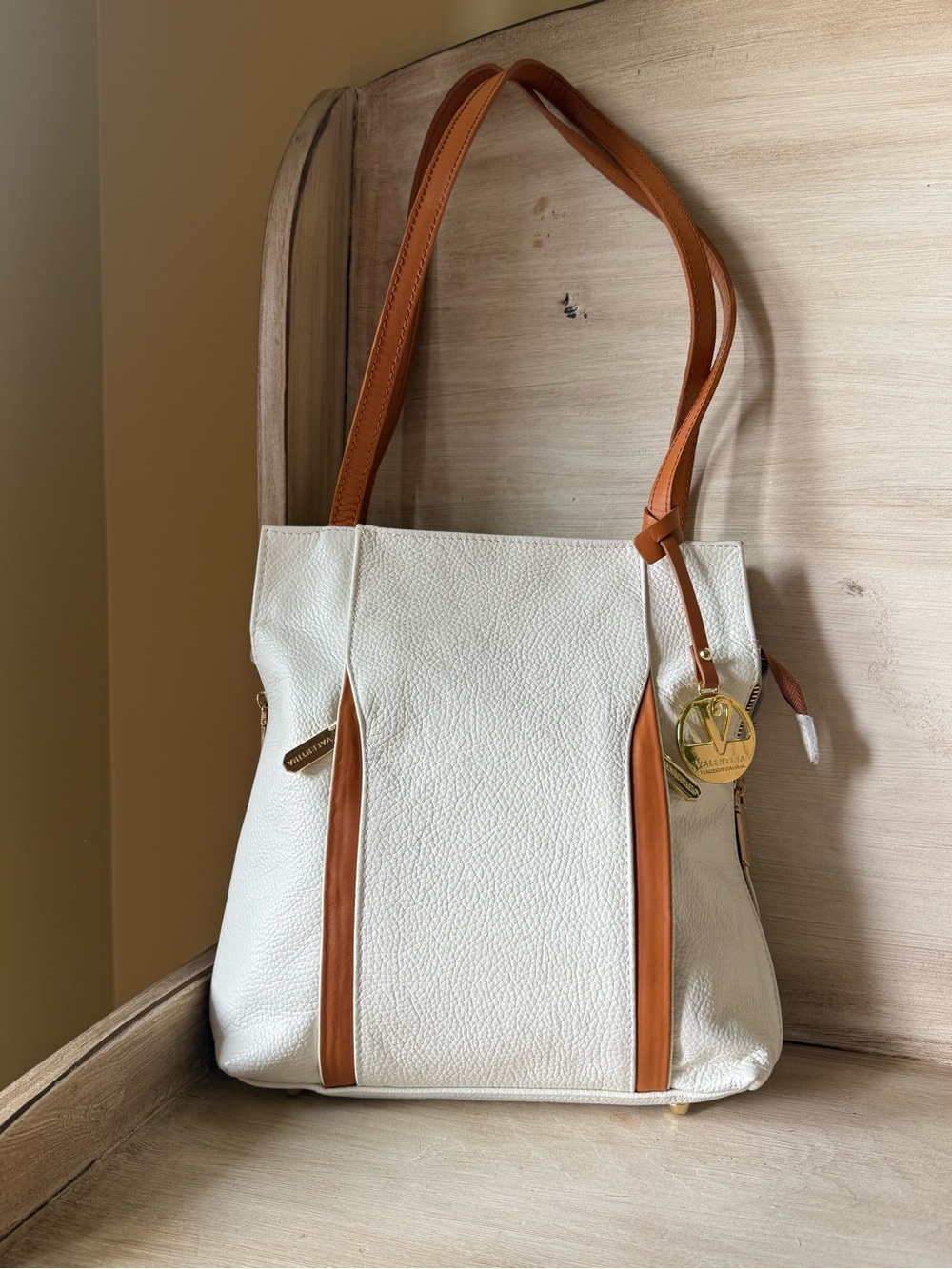 Valentina Genuine Leather Convertible Backpack Cream And Gold